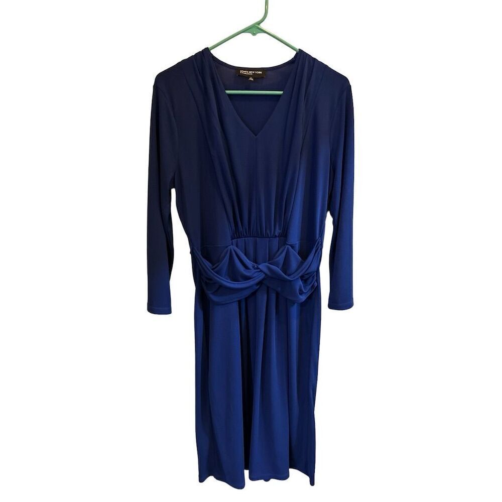 Jones New York Women's Blue Long Sleeve Midi Dress Size L V-Neck Casual/Formal